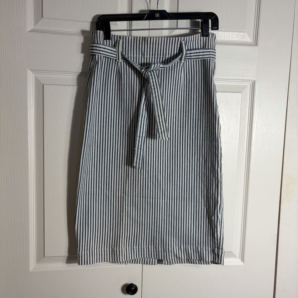 J Crew Denim Railroad Stripe Pencil Skirt Women 28 Blue White Tied Waist Belt